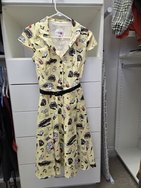 Vintage-Inspired Yellow Printed Midi Dress with Black Waist Tie